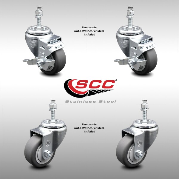 Service Caster 3.5 Inch SS Thermoplastic Rubber Swivel 1/2 Inch Threaded Stem Caster Brakes, 2PK SCC-SSTS20S3514-TPRB-M1015-2-TLB-2 - main
